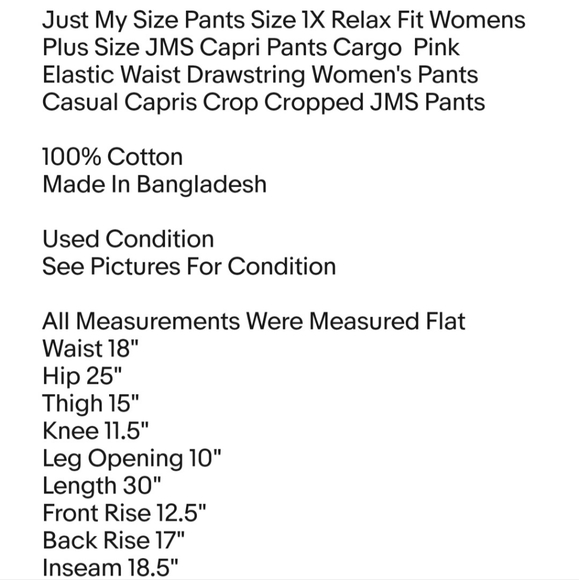 Just My Size Pants Size 1X Relax Fit Womens Plus Size JMS Capri Pants Cargo - Picture 6 of 6